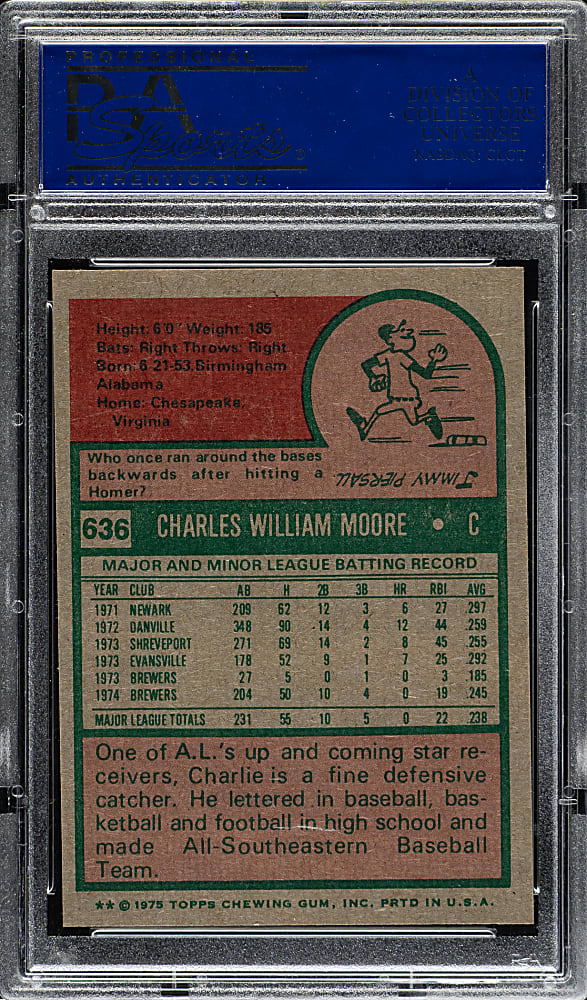 1975 Topps #636 Charlie Moore PSA MINT 9