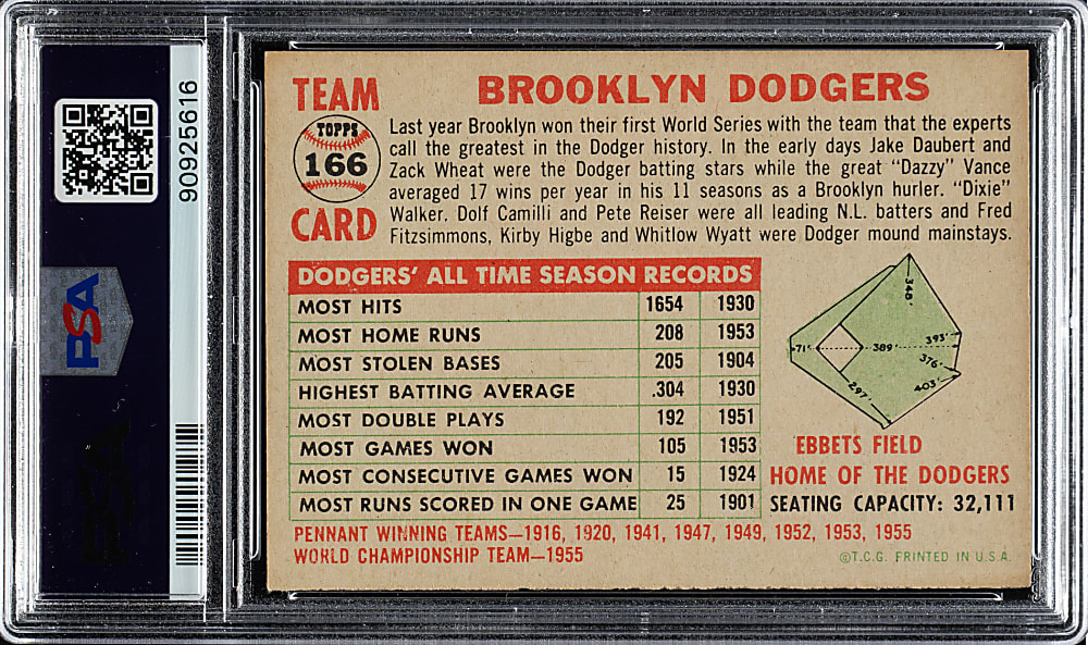 1956 Topps #166 Brooklyn Dodgers Team White Back PSA NM 7