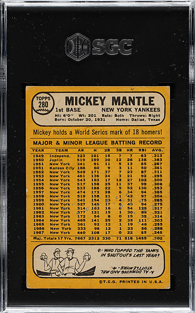 1968 Topps #280 Mickey Mantle SGC GOOD 2