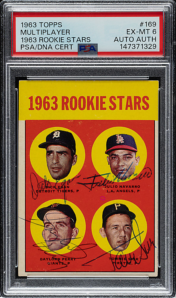 Signed 1963 Topps #169 Gaylord Perry/Egan/Navarro/Sisk PSA EX-MT 6
