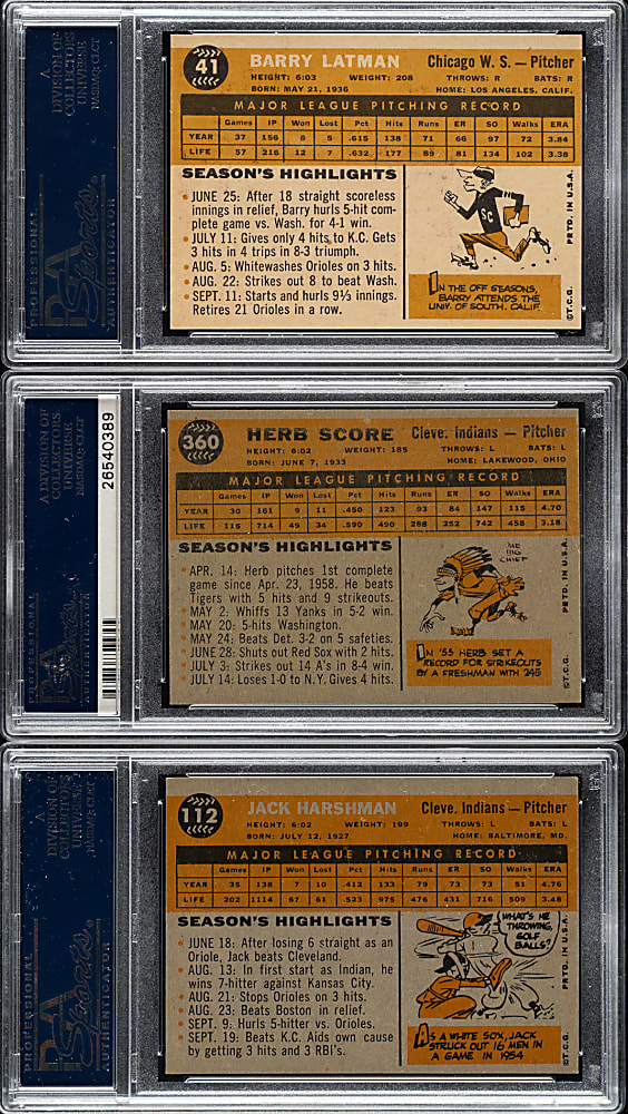 1960 Topps PSA-Graded Trio: Herb Score, Jack Harshman, and Barry Latman