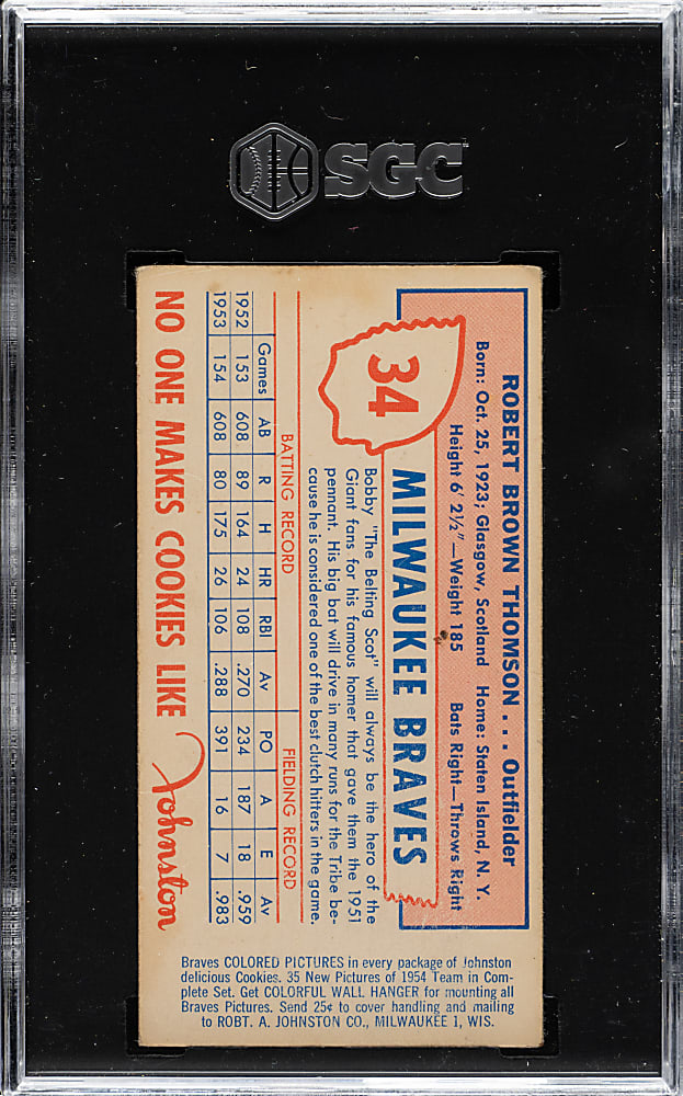 1954 Johnston Cookies #34 Bob Thomson Short Print SGC GOOD 2