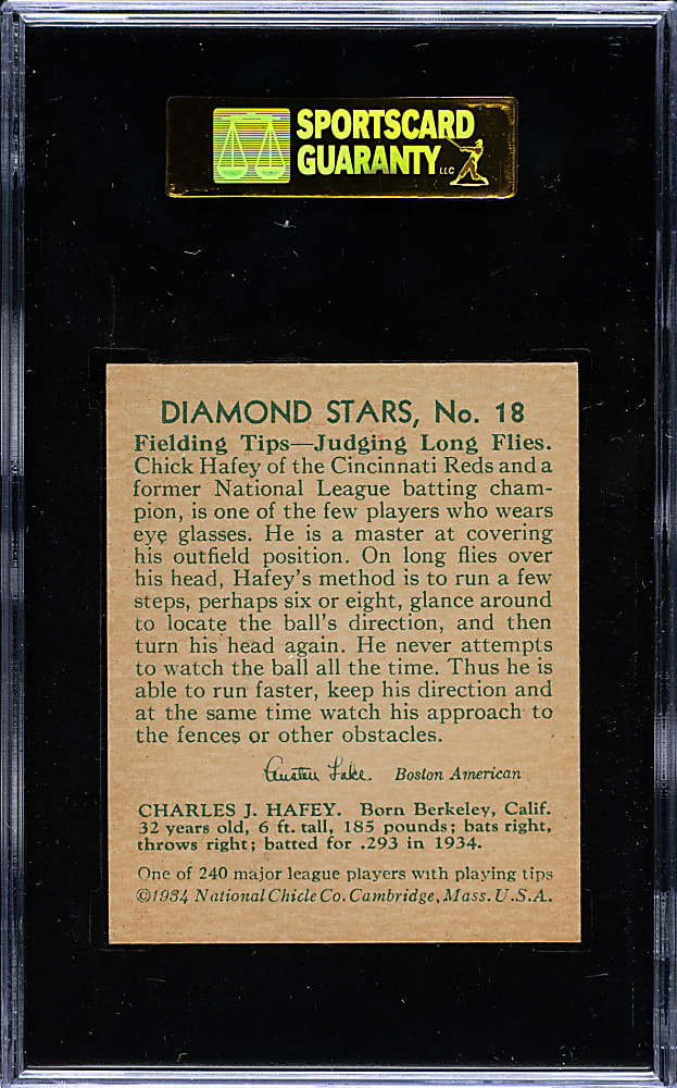 1934-1936 R327 Diamond Stars #18 Chick Hafey (1935 Green Back) SGC NM 84