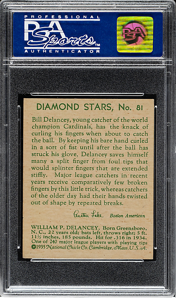 1934-1936 R327 Diamond Stars #81 Bill Delancey (1935 Green Back) PSA NM 7