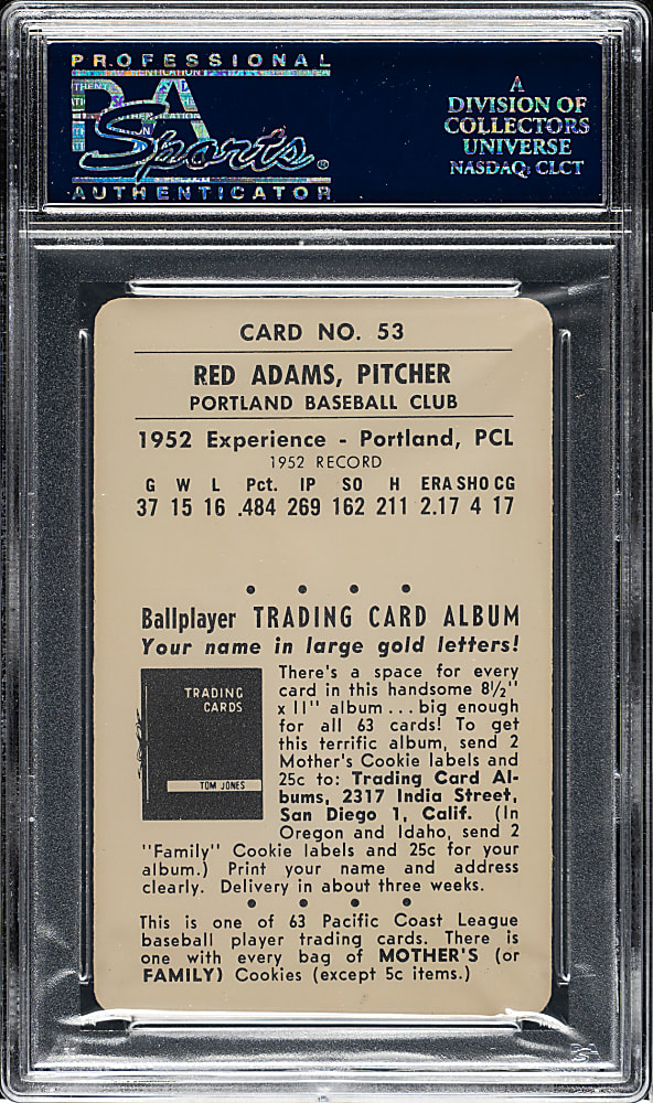 1953 Mother's Cookies #53 Red Adams PSA GEM MINT 10