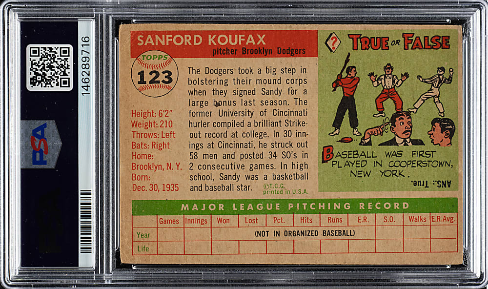 1955 Topps #123 Sandy Koufax Rookie PSA GOOD 2