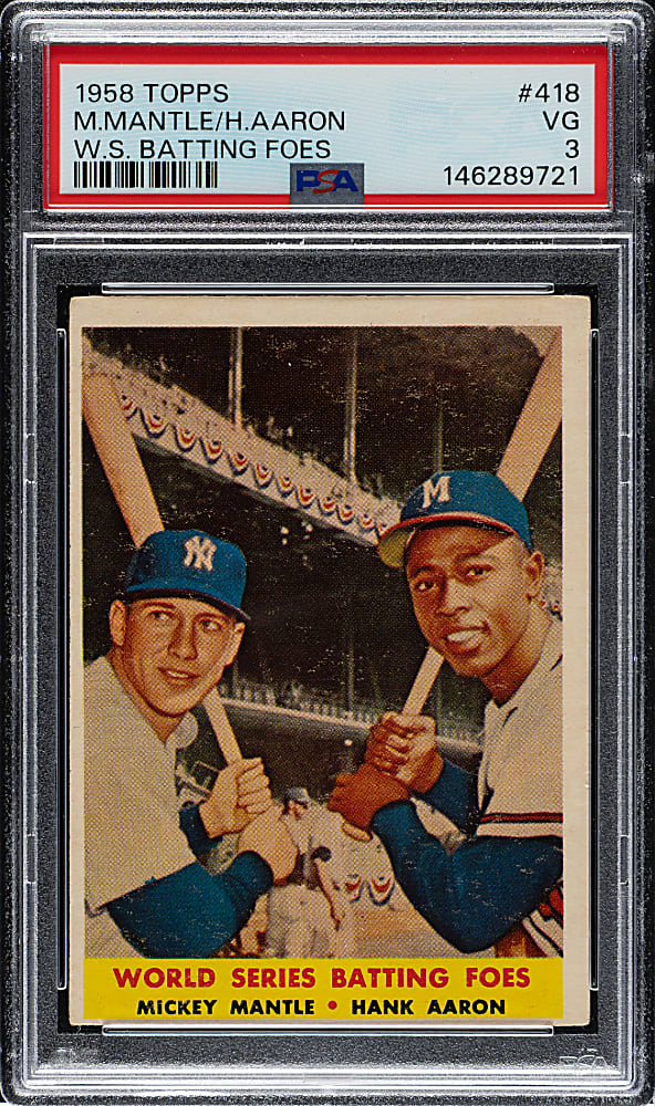 1958 Topps #418 World Series Batting Foes with Mickey Mantle and Hank Aaron PSA VG 3