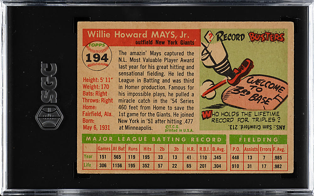 1955 Topps #194 Willie Mays SGC VG 3