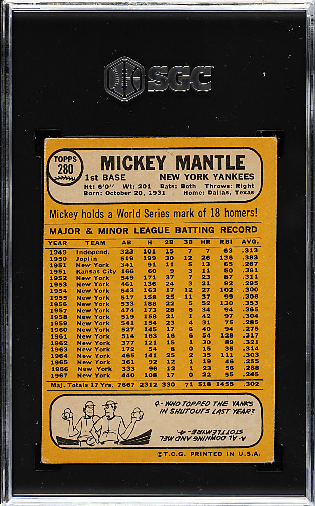 1968 Topps #280 Mickey Mantle SGC VG 3