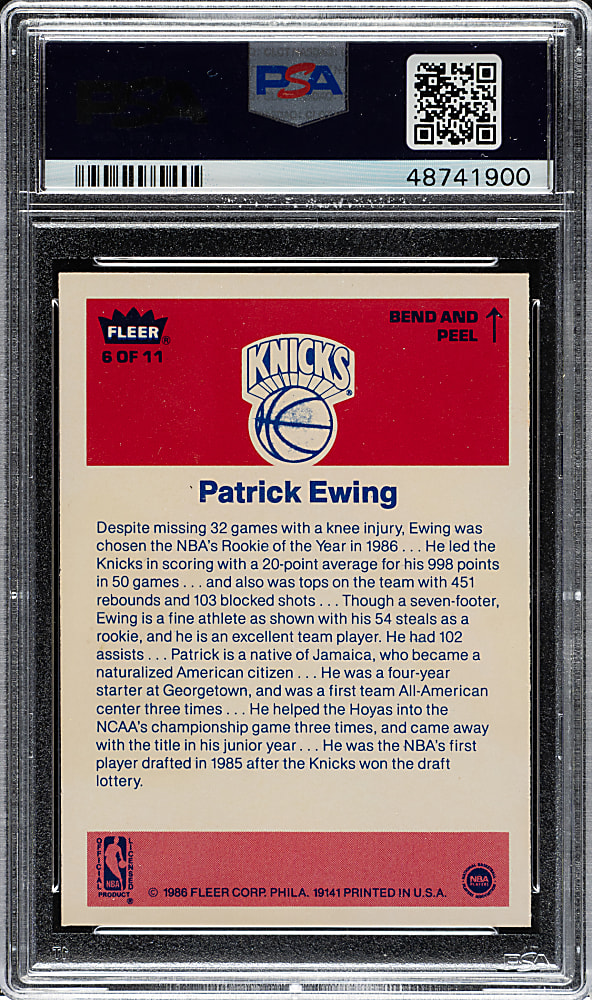 1986-1987 Fleer Basketball Sticker #6 Patrick Ewing Rookie PSA MINT 9 (ST)