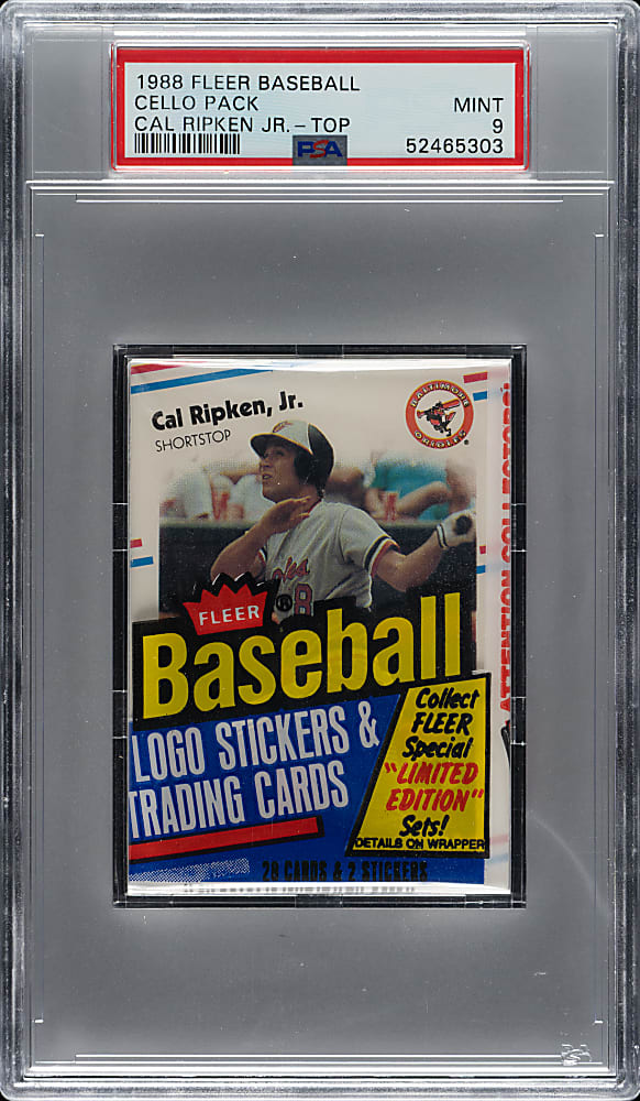 1988 Fleer Unopened Cello Pack PSA MINT 9 - Cal Ripken Jr. on Top