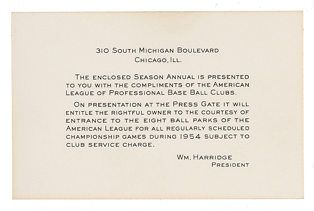 1954 Edward Carrington American League Season Pass
