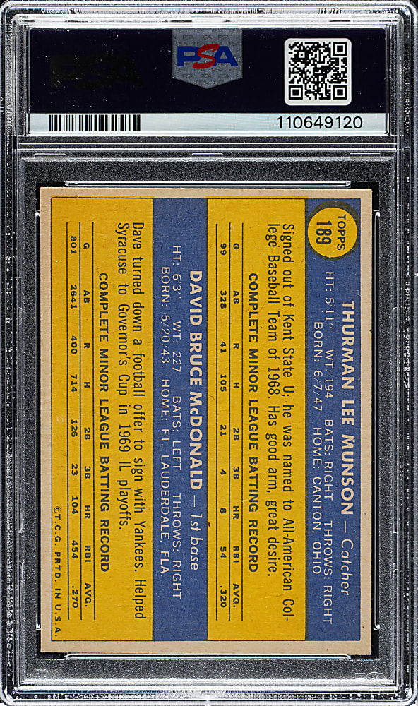 1970 Topps #189 Thurman Munson Rookie PSA EX 5