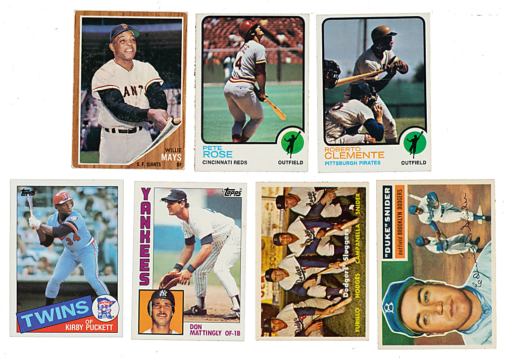 1956 to 1985 Topps Hall of Fame and Stars Collection (7) Including Mays, Clemente, Puckett, and Rose