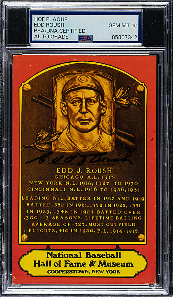 Edd Roush Signed Hall of Fame Postcard PSA/DNA GEM MINT 10