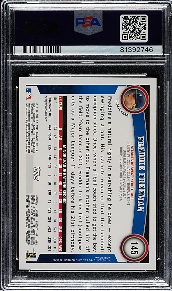 2011 Topps #145 Freddie Freeman Rookie PSA GEM MINT 10