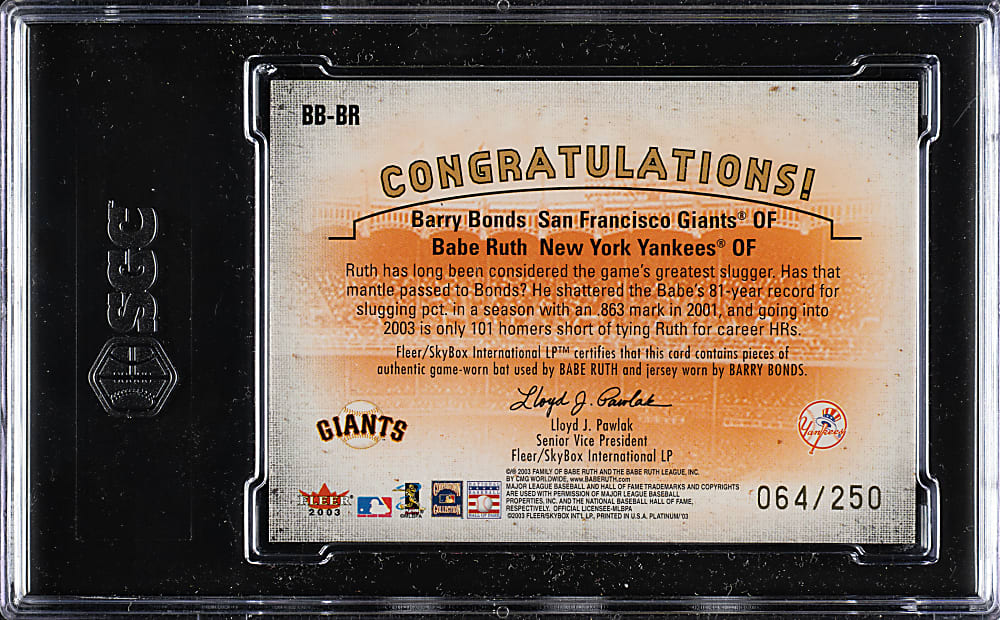 2003 Fleer Platinum Chasing History Game Used Memorabilia #BB-BR Barry Bonds/Babe Ruth #64/250 SGC MINT 9