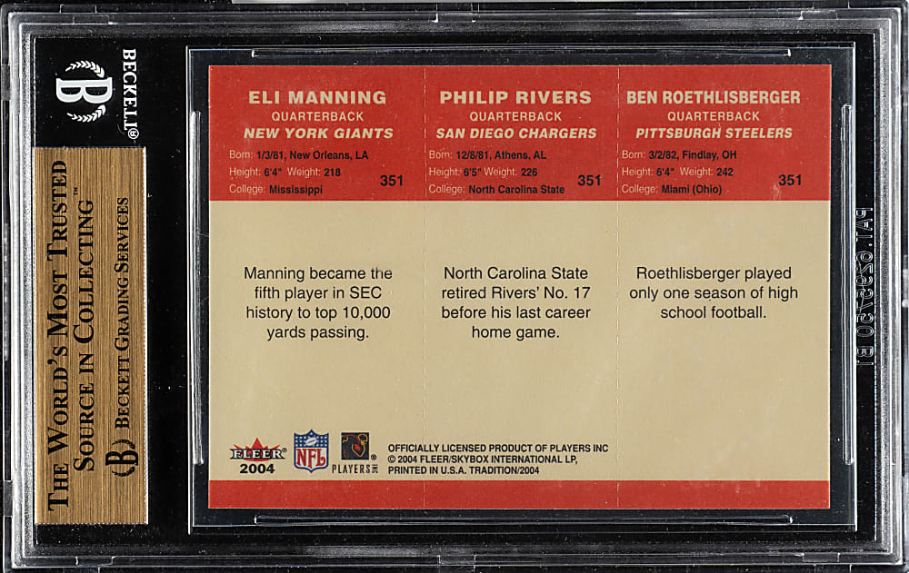 2004 Fleer Tradition Football #351 Eli Manning/Philip Rivers/Ben Roethlisberger Rookie BGS GEM MINT 9.5
