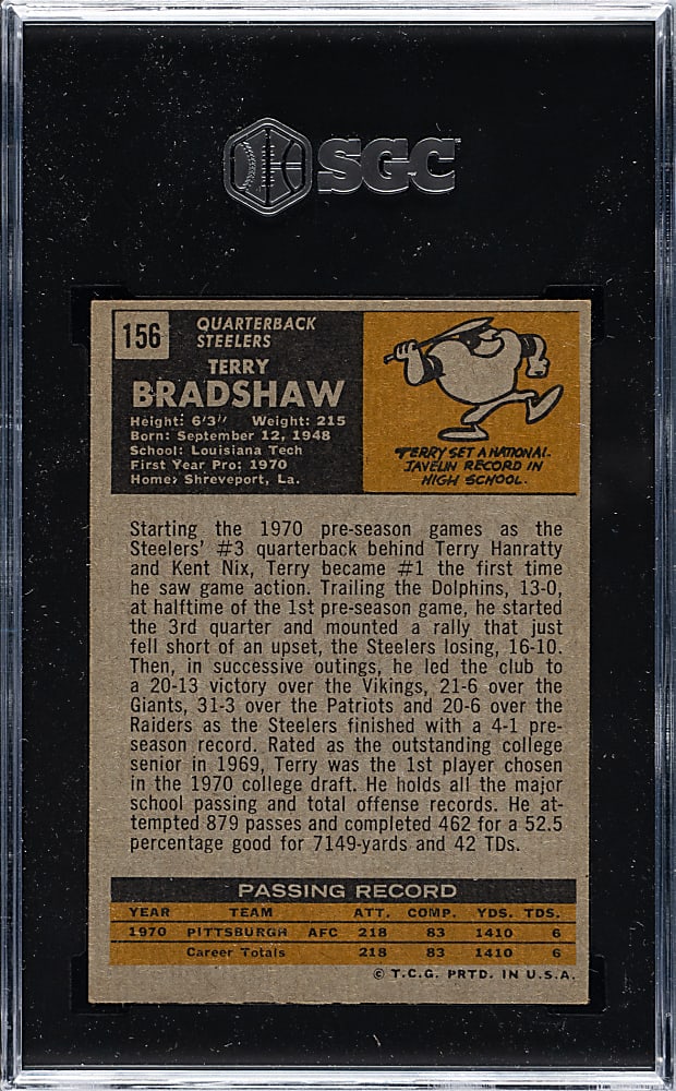 1971 Topps Football #156 Terry Bradshaw Rookie SGC VG/EX+ 4.5