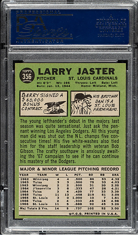 1967 Topps #356 Larry Jaster PSA MINT 9