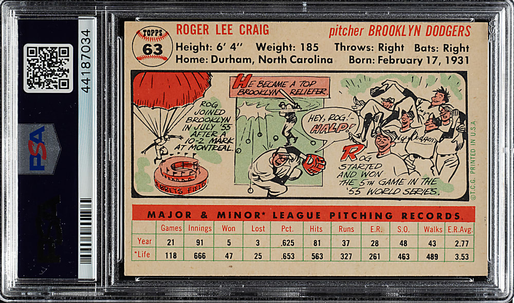 1956 Topps #63 Roger Craig White Back PSA NM-MT 8