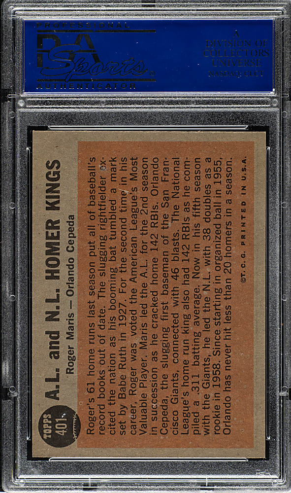 1962 Topps #401 AL & NL Homer Kings with Roger Maris and Orlando Cepeda PSA NM-MT 8