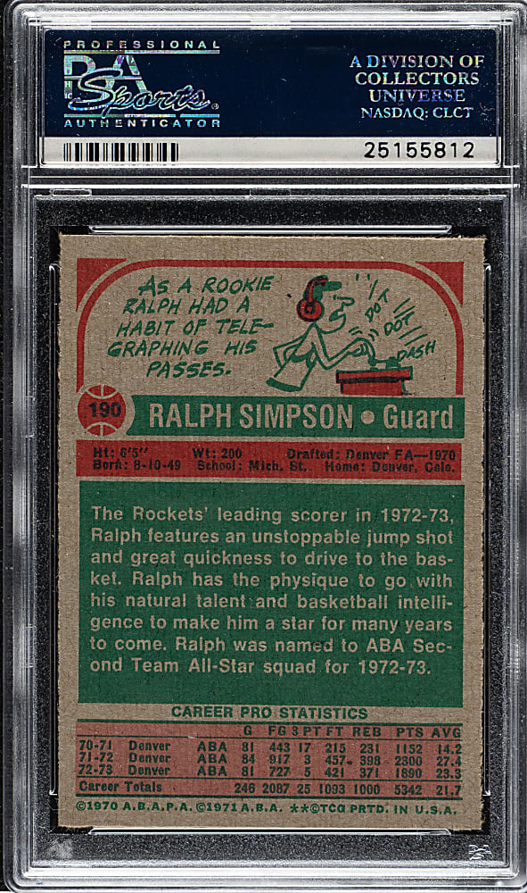 1973-1974 Topps Basketball #190 Ralph Simpson All-Star PSA MINT 9
