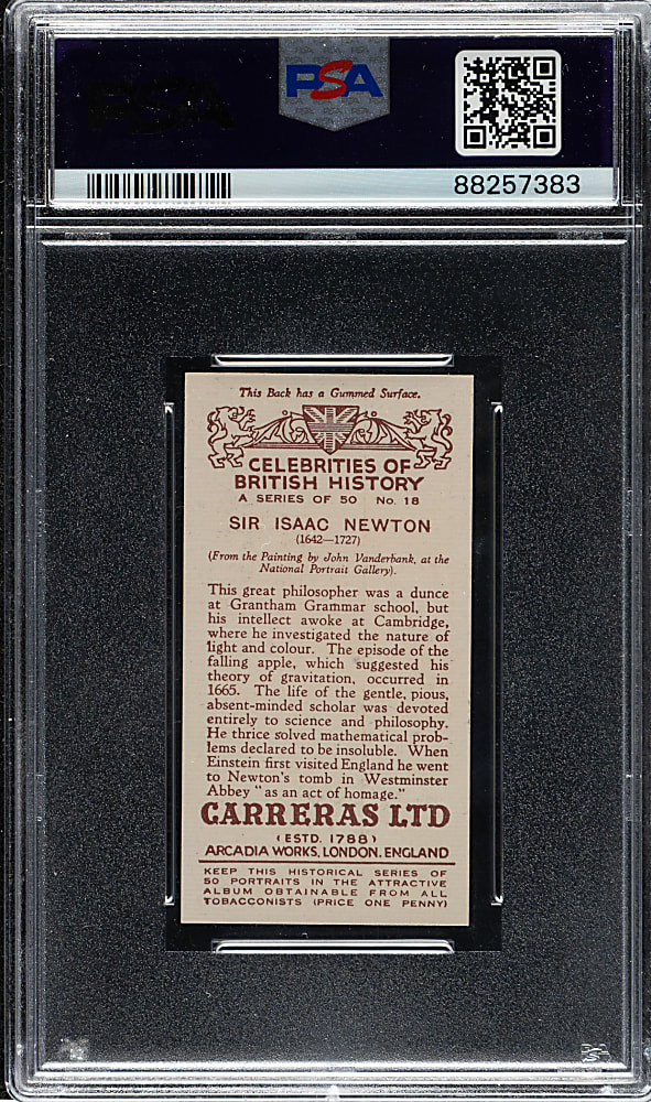 1935 Carreras Ltd. "Celebrities of British History" #18 Sir Isaac Newton PSA MINT 9