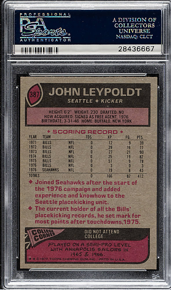 1977 Topps Football #387 John Leypoldt PSA GEM MINT 10
