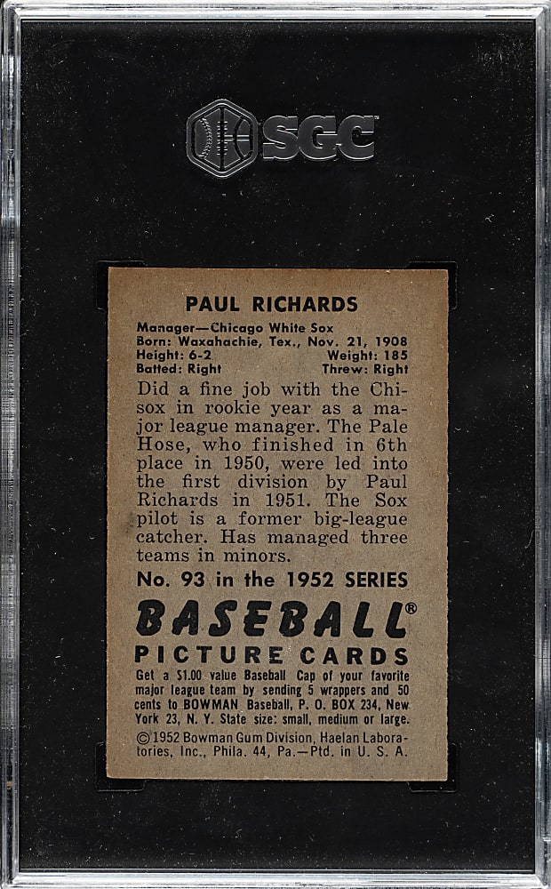 1952 Bowman #93 Paul Richards SGC EX/NM+ 6.5