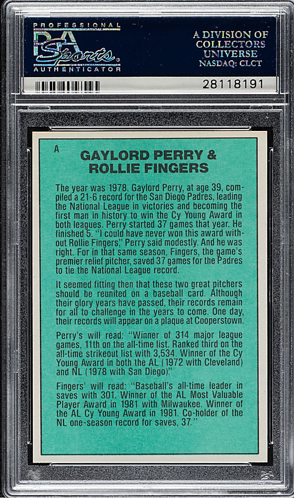 1984 Donruss #A Living Legends with Gaylord Perry and Rollie Fingers Short Print PSA GEM MINT 10