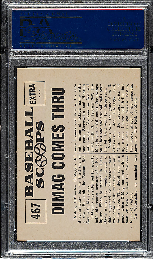 1961 Nu-Card "Baseball Scoops" #467 Joe DiMaggio Comes Through PSA MINT 9