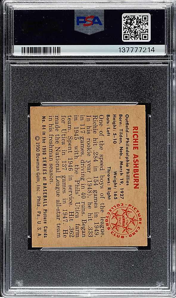 1950 Bowman #84 Richie Ashburn PSA EX-MT 6