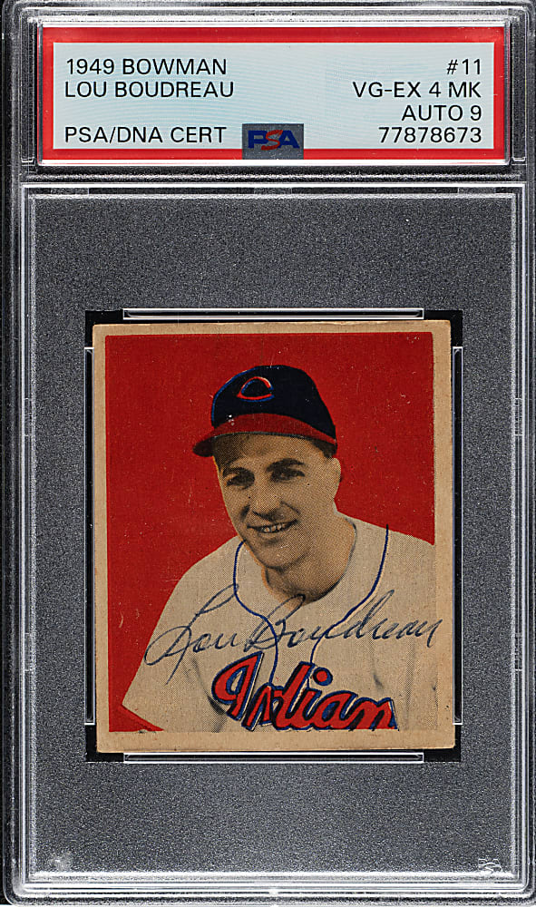 Signed 1949 Bowman #11 Lou Boudreau PSA VG-EX 4 (MK) with MINT 9 Signature