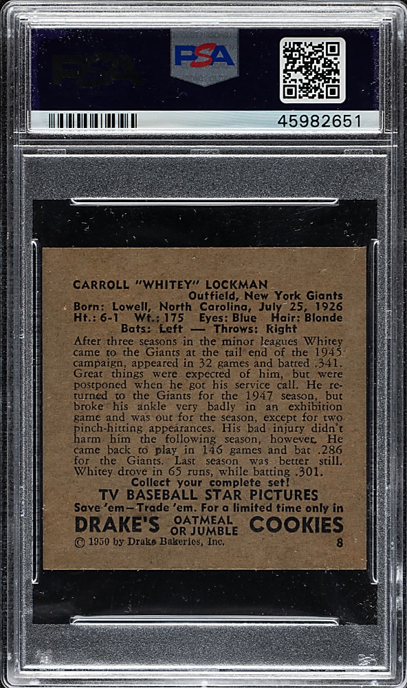 1950 Drake's Cookies #8 Carroll Lockman PSA NM 7
