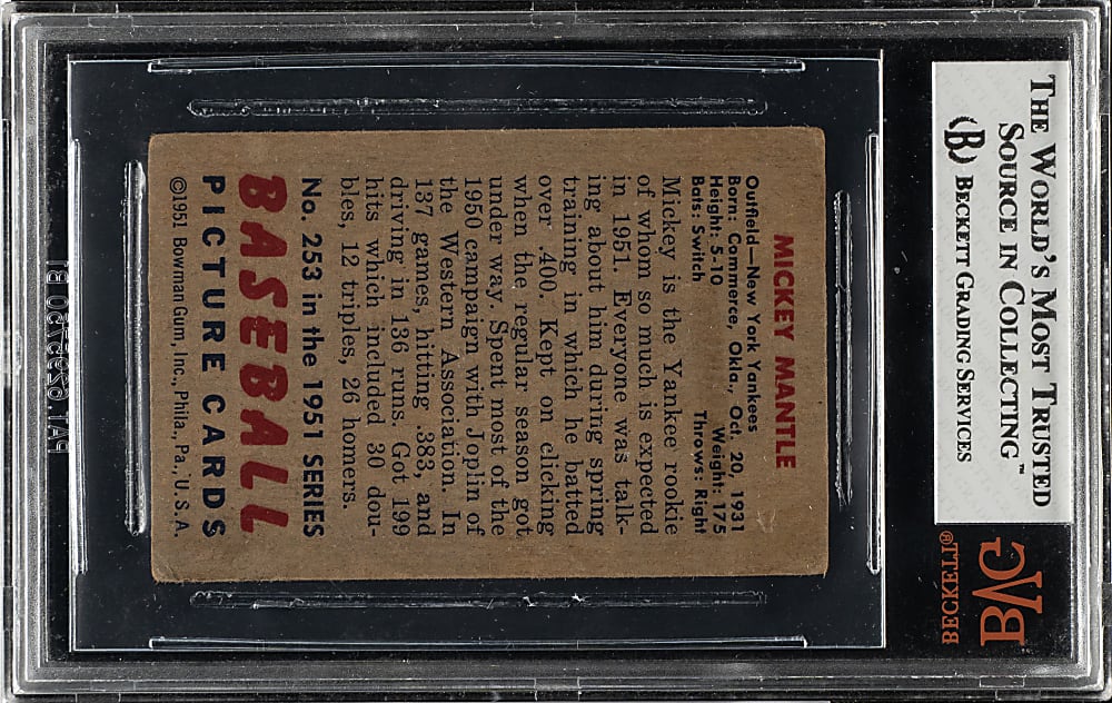 1951 Bowman #253 Mickey Mantle Rookie BVG VG+ 3.5