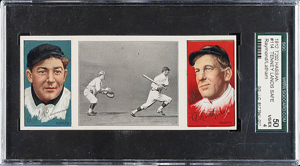 1912 T202 Hassan Triple Folder "Tenney Lands Safely" Raymond/Latham SGC VG/EX 50
