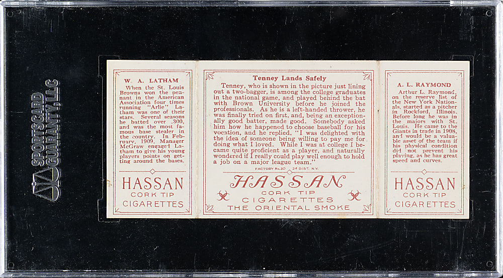 1912 T202 Hassan Triple Folder "Tenney Lands Safely" Raymond/Latham SGC VG/EX 50
