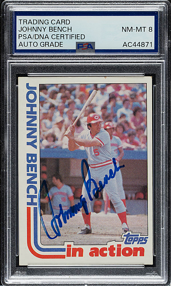 Signed 1982 Topps #401 Johnny Bench In Action PSA/DNA NM-MT 8