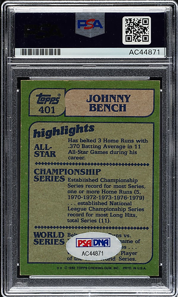 Signed 1982 Topps #401 Johnny Bench In Action PSA/DNA NM-MT 8
