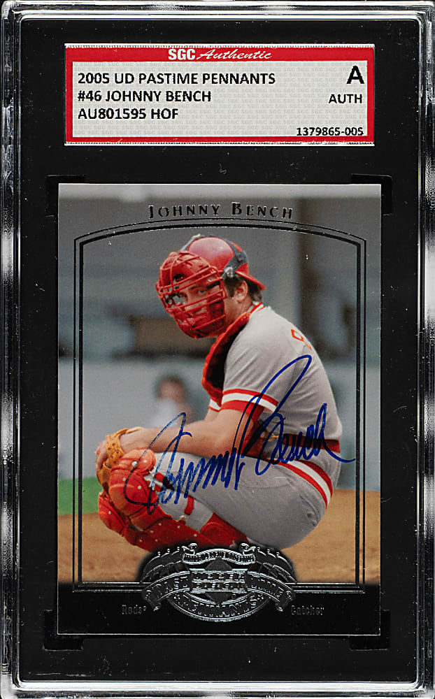 Signed 2005 Upper Deck Past Time Pennants #46 Johnny Bench - SGC