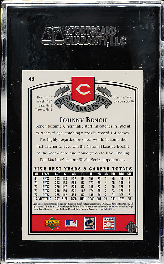 Signed 2005 Upper Deck Past Time Pennants #46 Johnny Bench - SGC