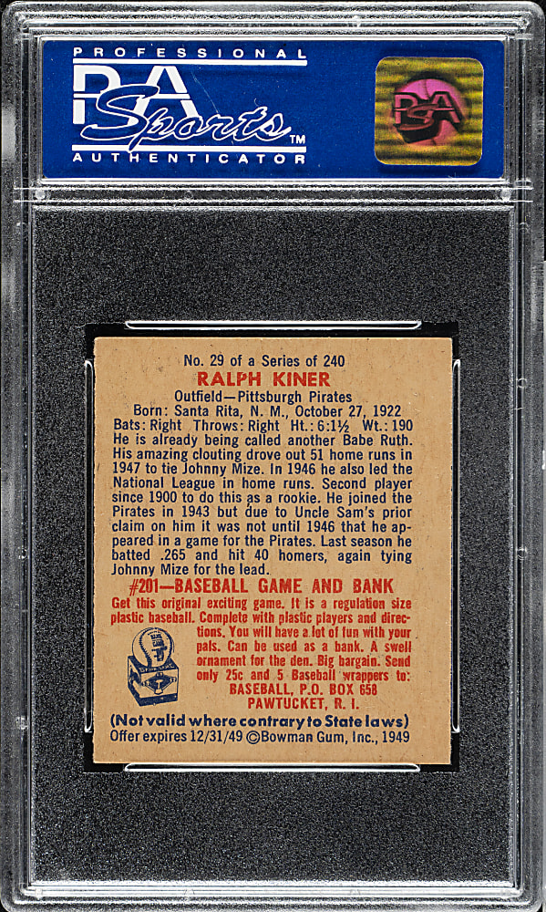 1949 Bowman #29 Ralph Kiner Rookie PSA NM 7