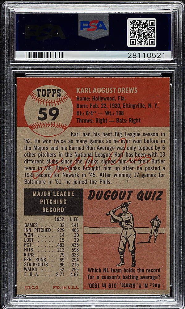 1953 Topps #59 Karl Drews PSA NM-MT 8
