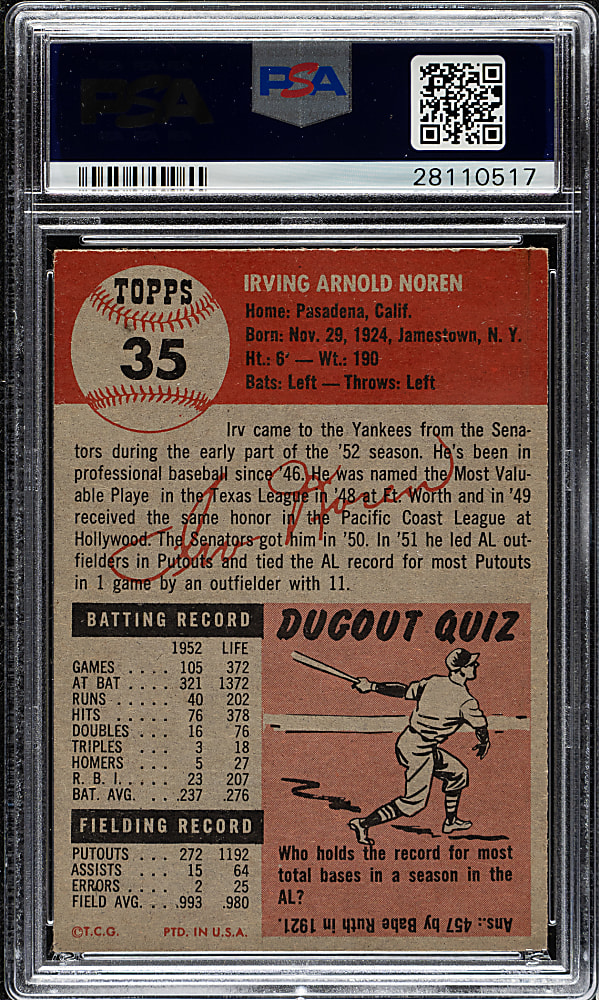 1953 Topps #35 Irv Noren PSA NM-MT 8