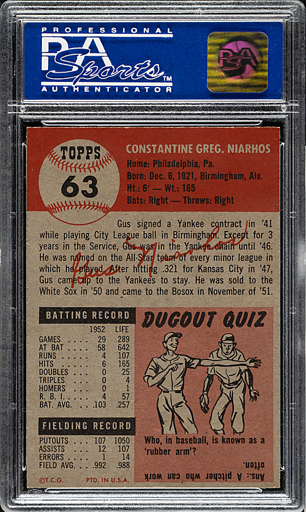1953 Topps #63 Gus Niarhos PSA NM-MT 8