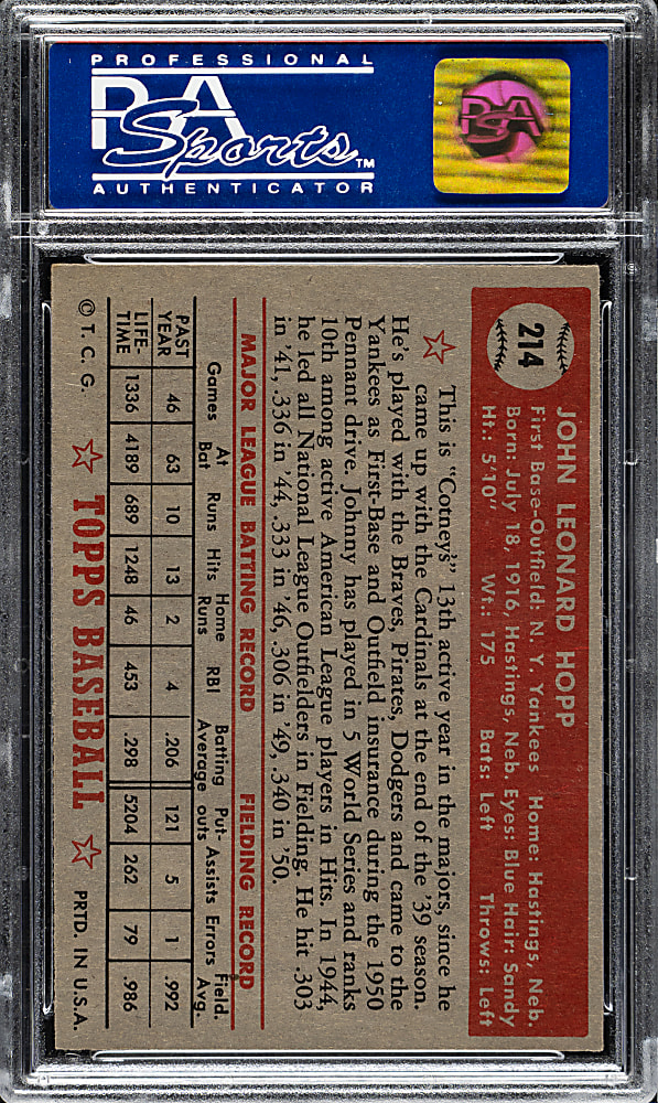 1952 Topps #214 Johnny Hopp PSA NM-MT 8 (OC)