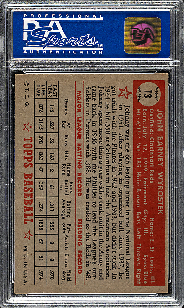 1952 Topps #13 Johnny Wyrostek PSA EX-MT 6