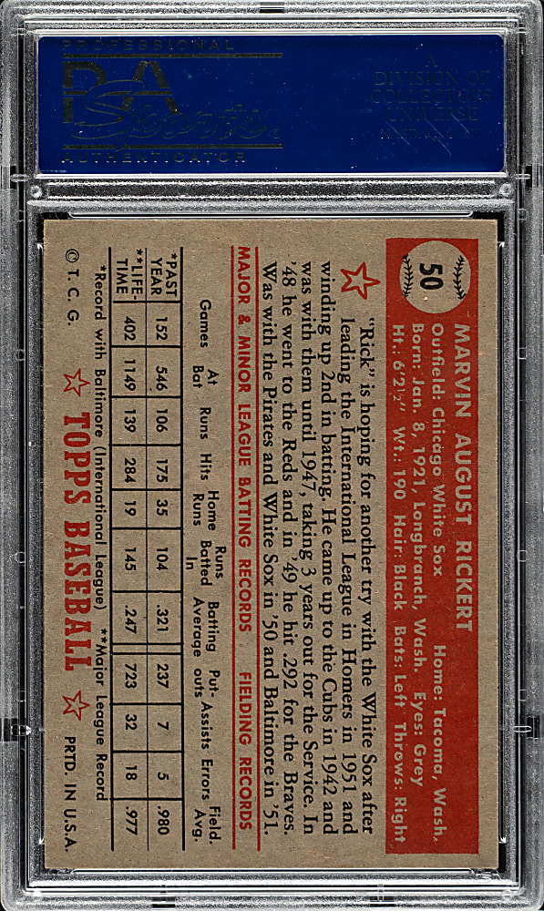 1952 Topps #50 Marv Rickert PSA NM 7