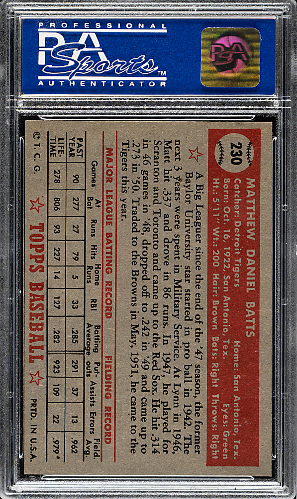1952 Topps #230 Matt Batts PSA NM 7